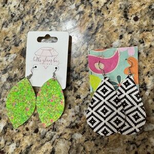 Handmade lightweight Green Glitter and Black White Pattern Earrings Set